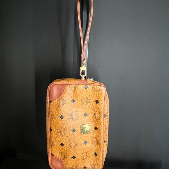 SOLD MCM Monogram Vicetos Wristlet Clutch Bag Leather Brown Gold - Picture 3 of 8